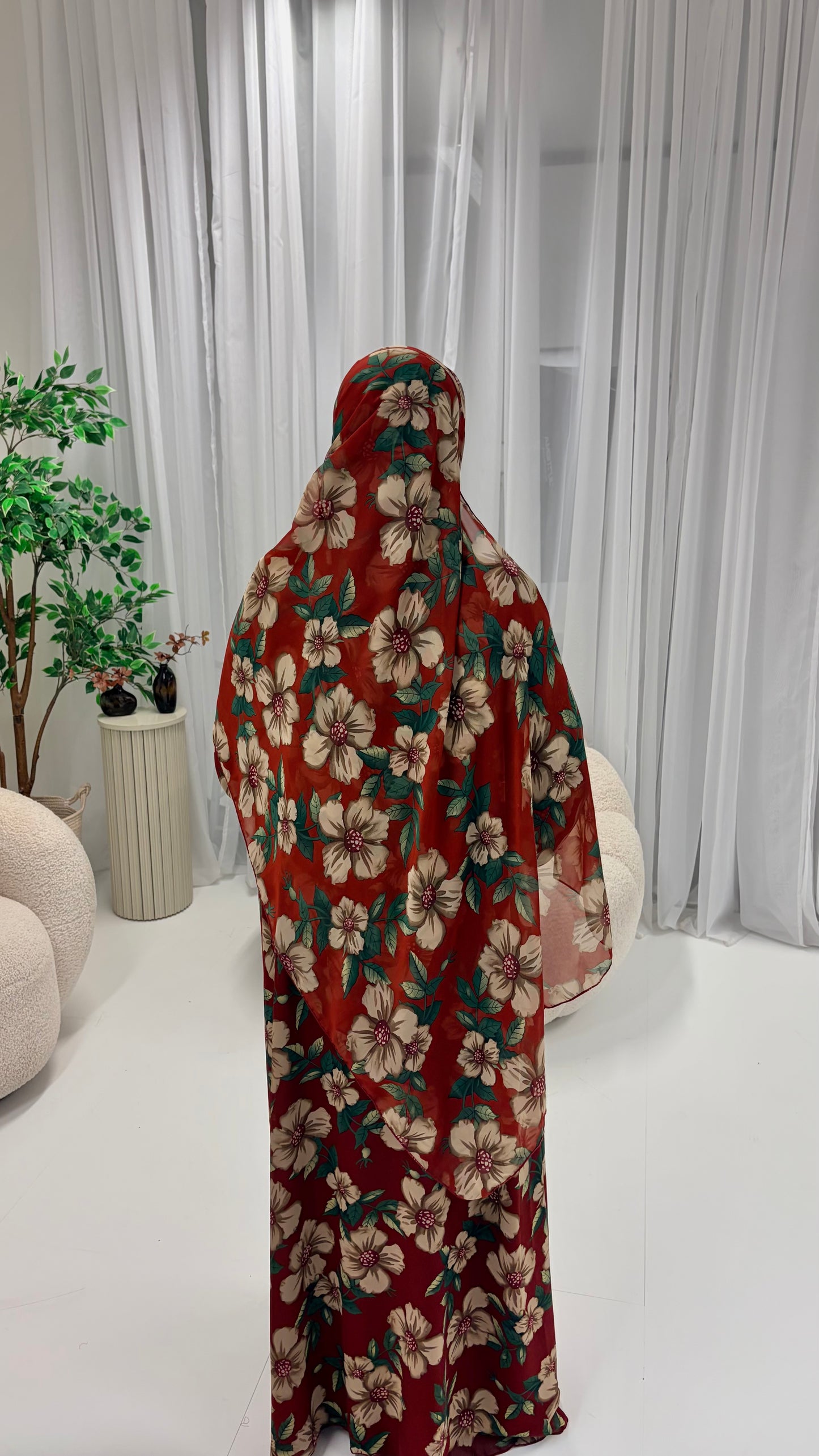 Crimson Bloom Chiffon Abaya