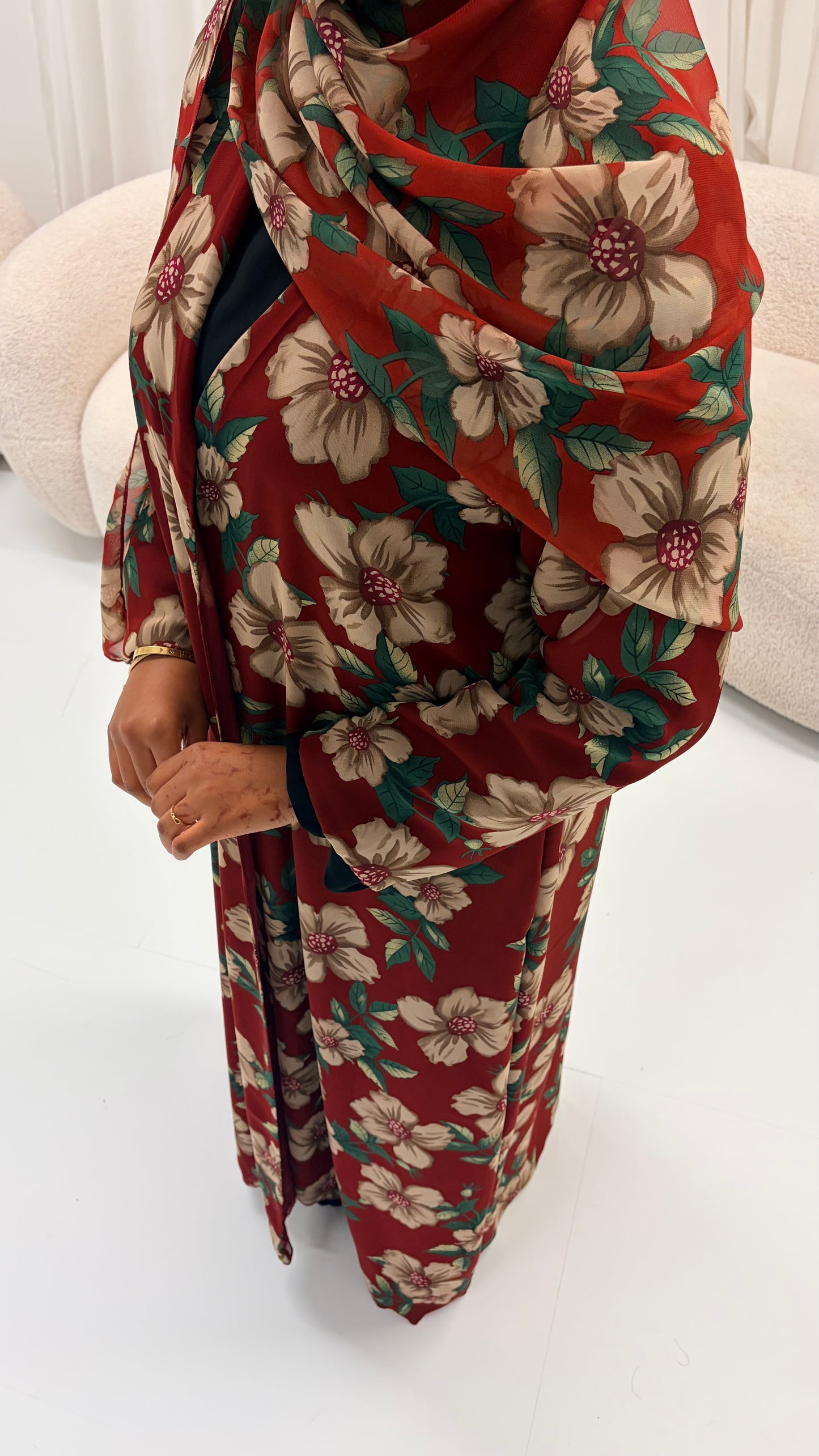 Crimson Bloom Chiffon Abaya